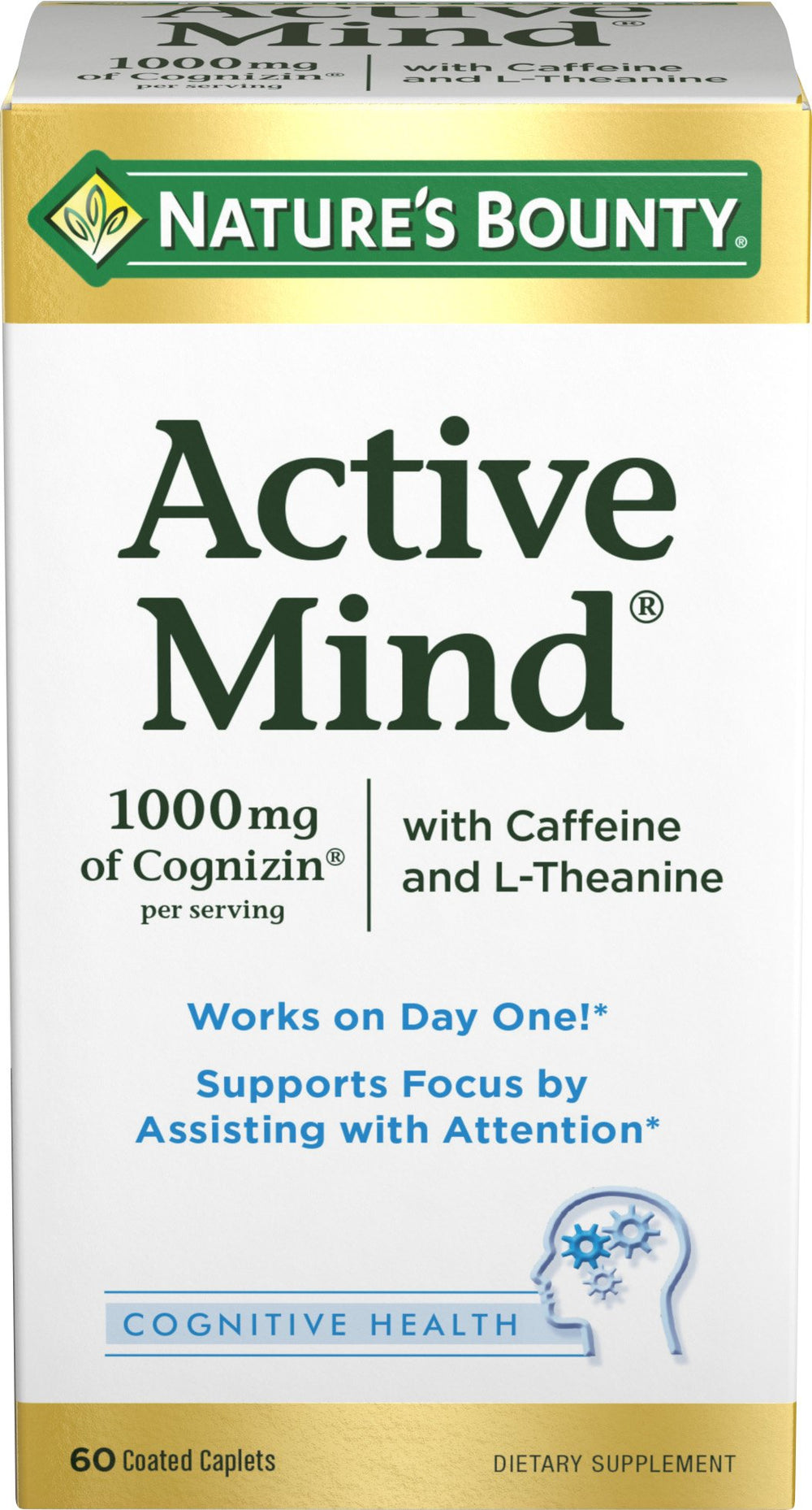 Nature's Bounty Active Mind bottle pour for easy daily dosing.