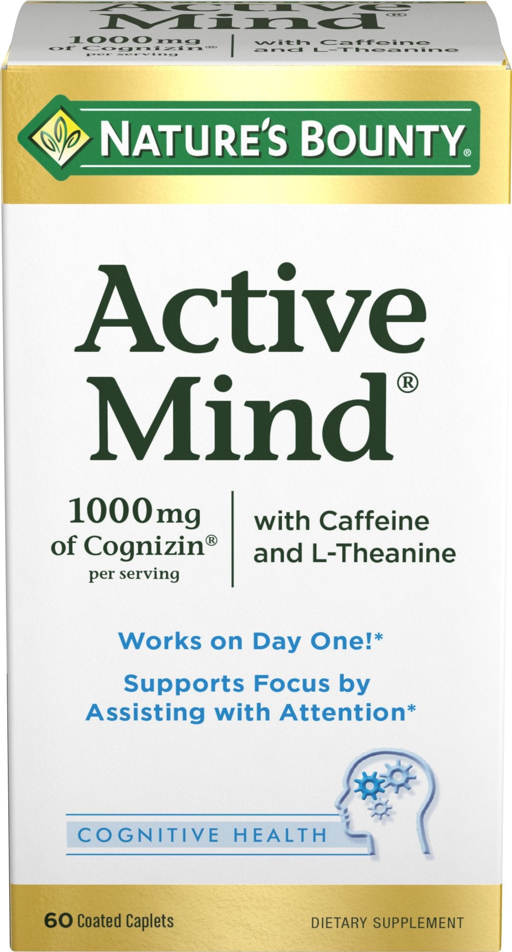Nature's Bounty Active Mind bottle pour for easy daily dosing.