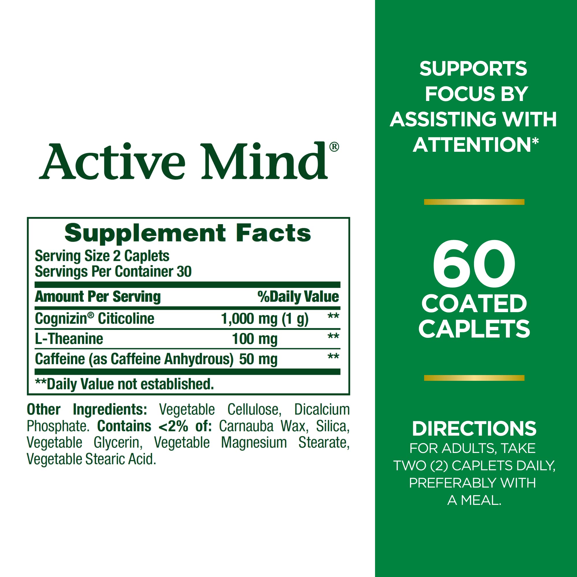 Nature's Bounty Active Mind caplets close-up showing Cognizin and caffeine.