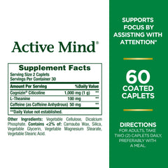 Nature's Bounty Active Mind caplets close-up showing Cognizin and caffeine.