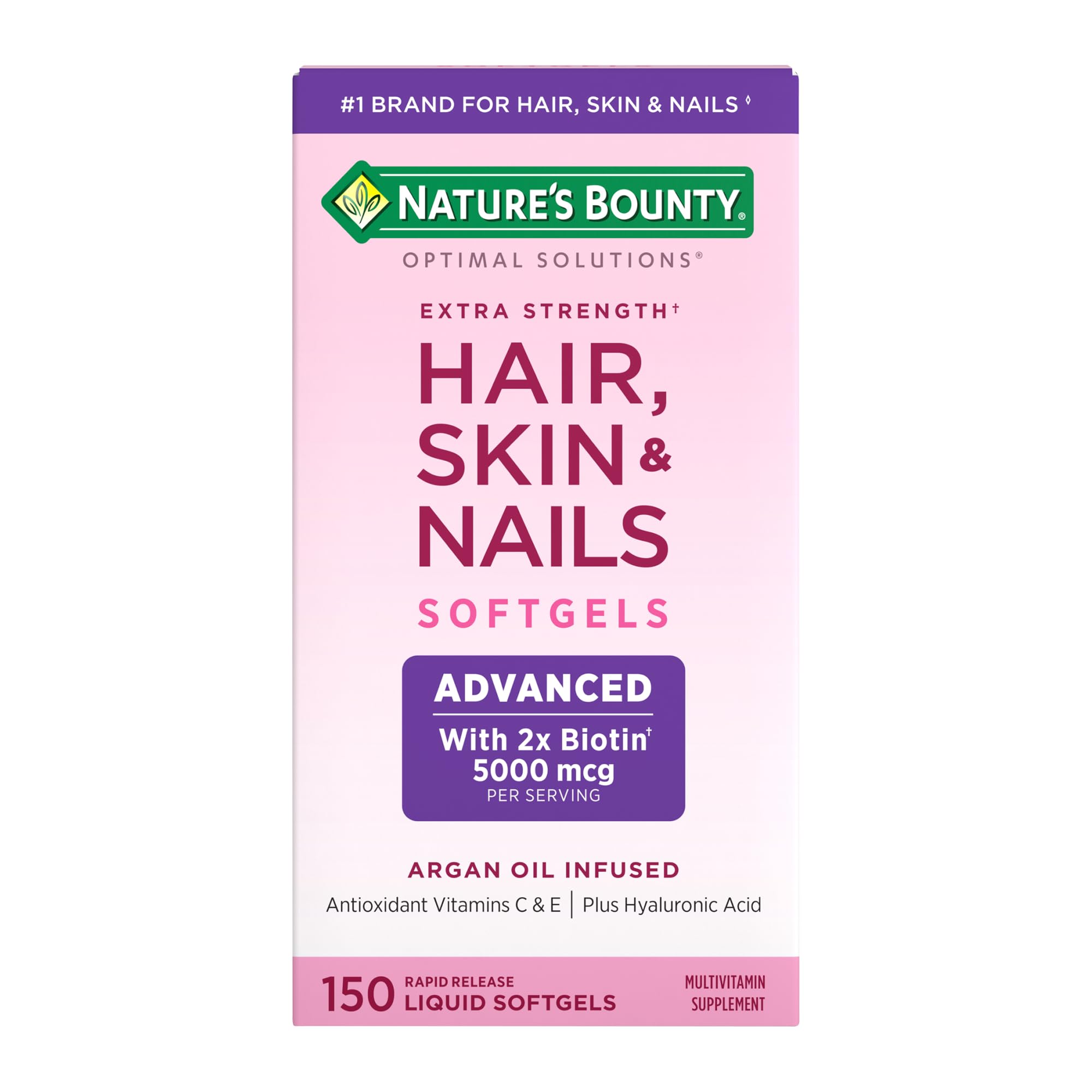 Nature's Bounty Advanced Hair Skin Nails bottle with argan-infused softgels for healthy hair.