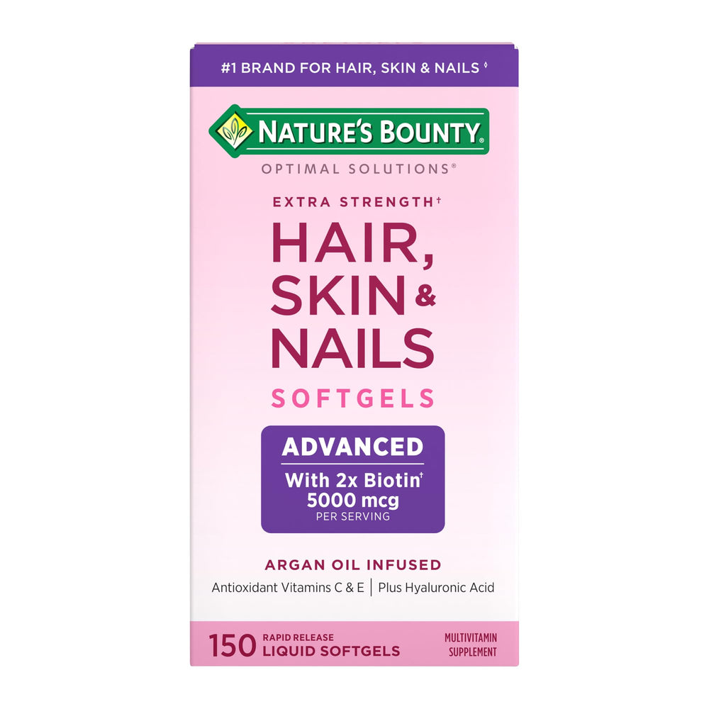 Nature's Bounty Advanced Hair Skin Nails bottle with argan-infused softgels for healthy hair.