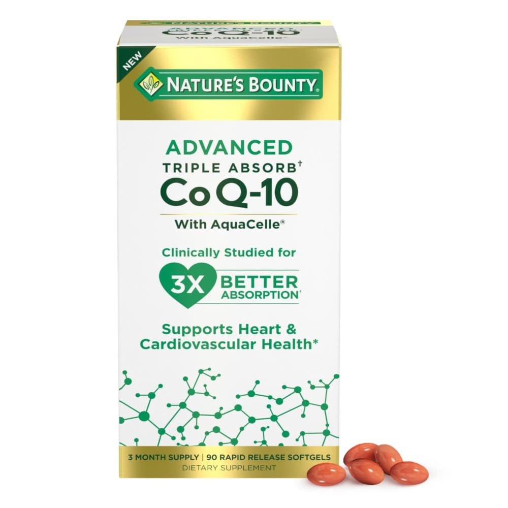 Nature's Bounty Advanced Triple Absorb CoQ-10 bottle showing the product and labeling for heart health support
