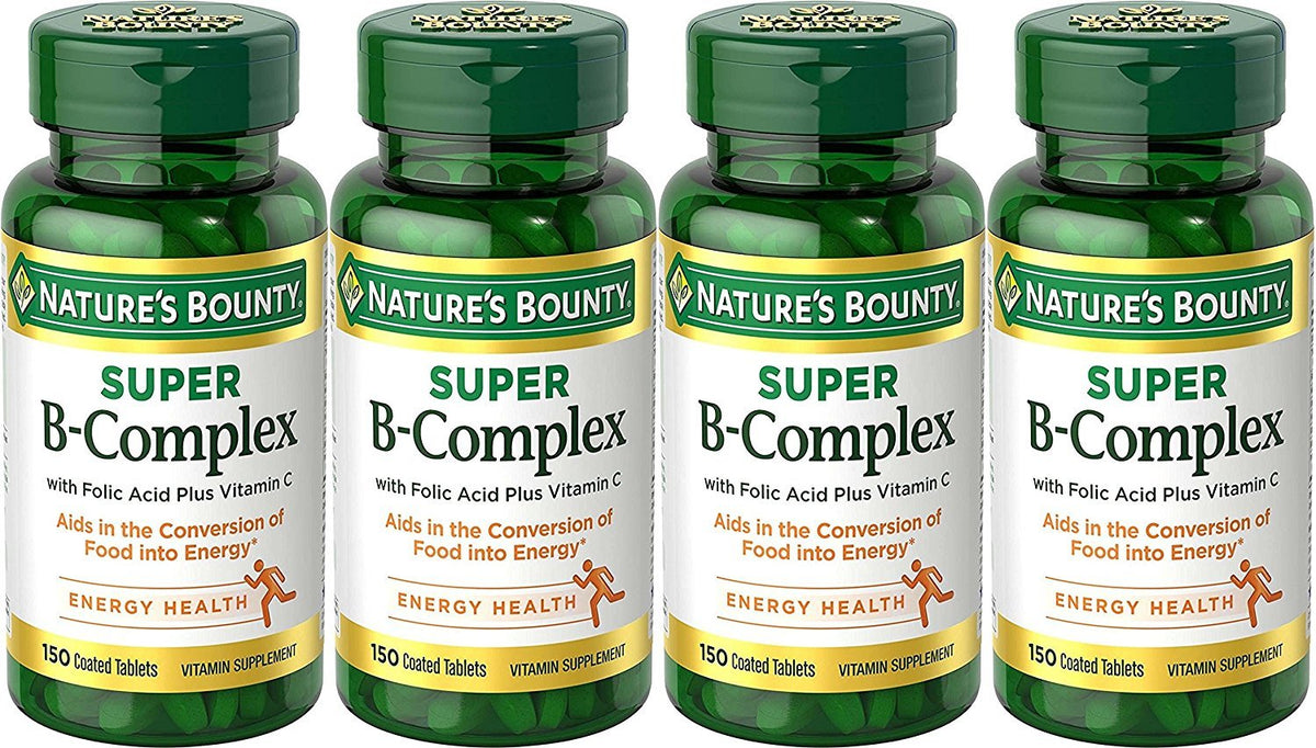 Nature's Bounty B-Complex bottle and tablets for daily nutrient support.