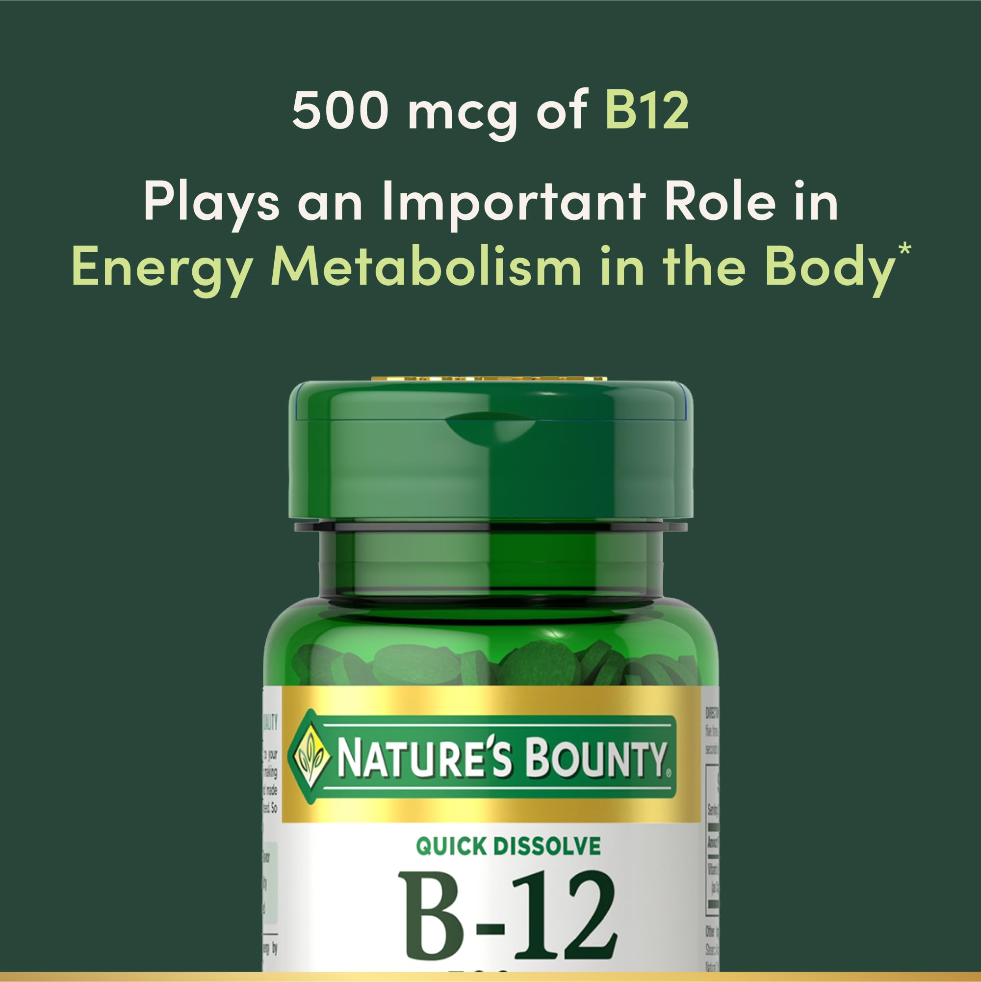 Nature's Bounty B12 500 mcg bottle for daily use.