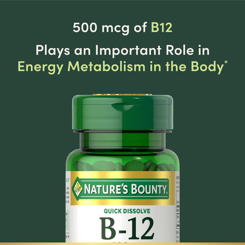 Nature's Bounty B12 500 mcg bottle for daily use.