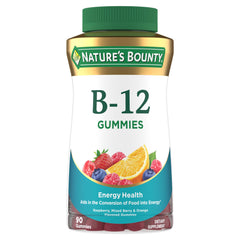 Nature's Bounty B12 Gummies bottle front, convenient daily supplement for energy metabolism.