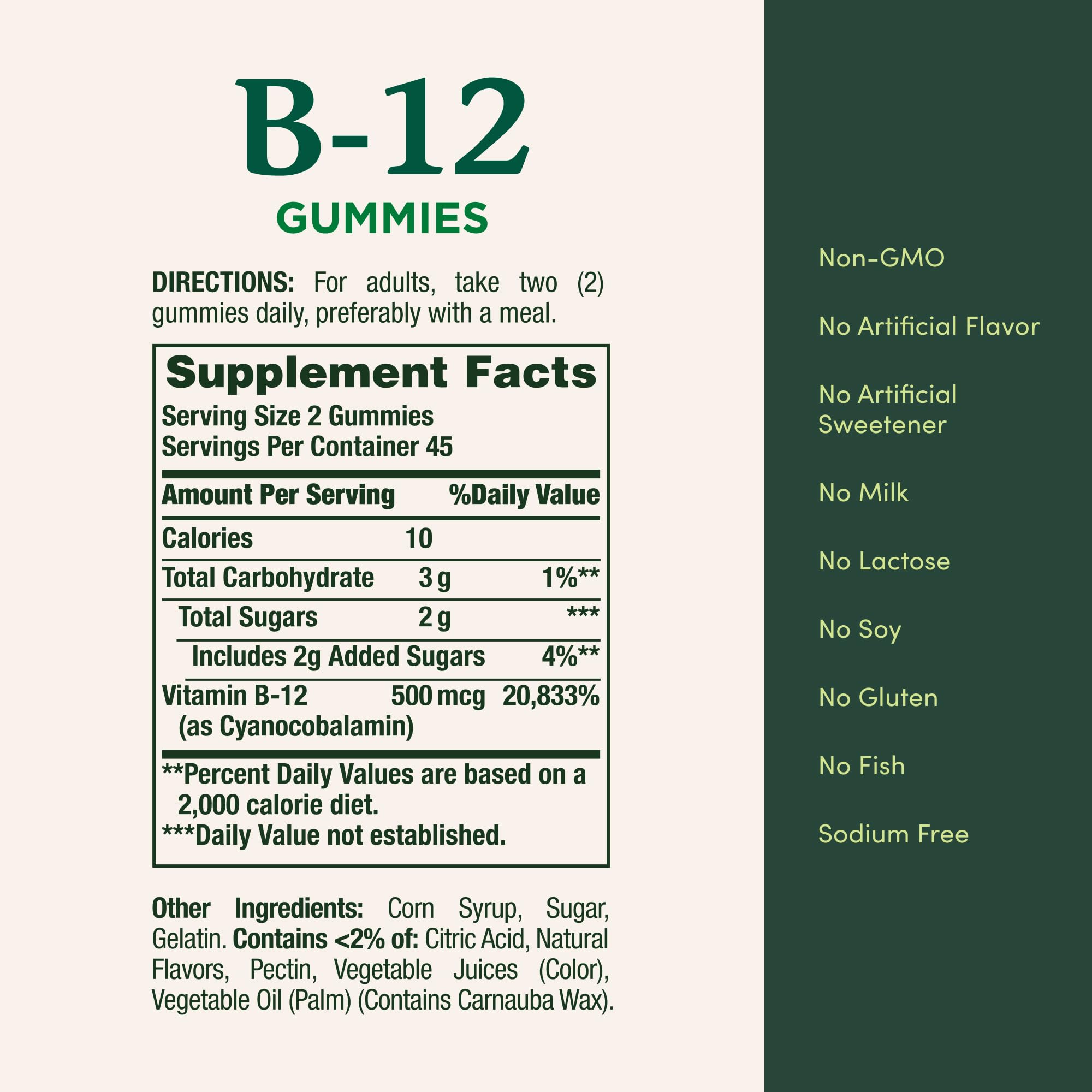Nature's Bounty B12 Gummies being chewed, showing two gummies daily routine.
