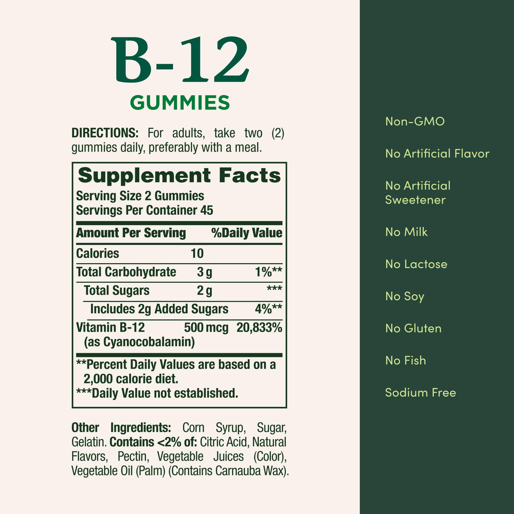 Nature's Bounty B12 Gummies being chewed, showing two gummies daily routine.