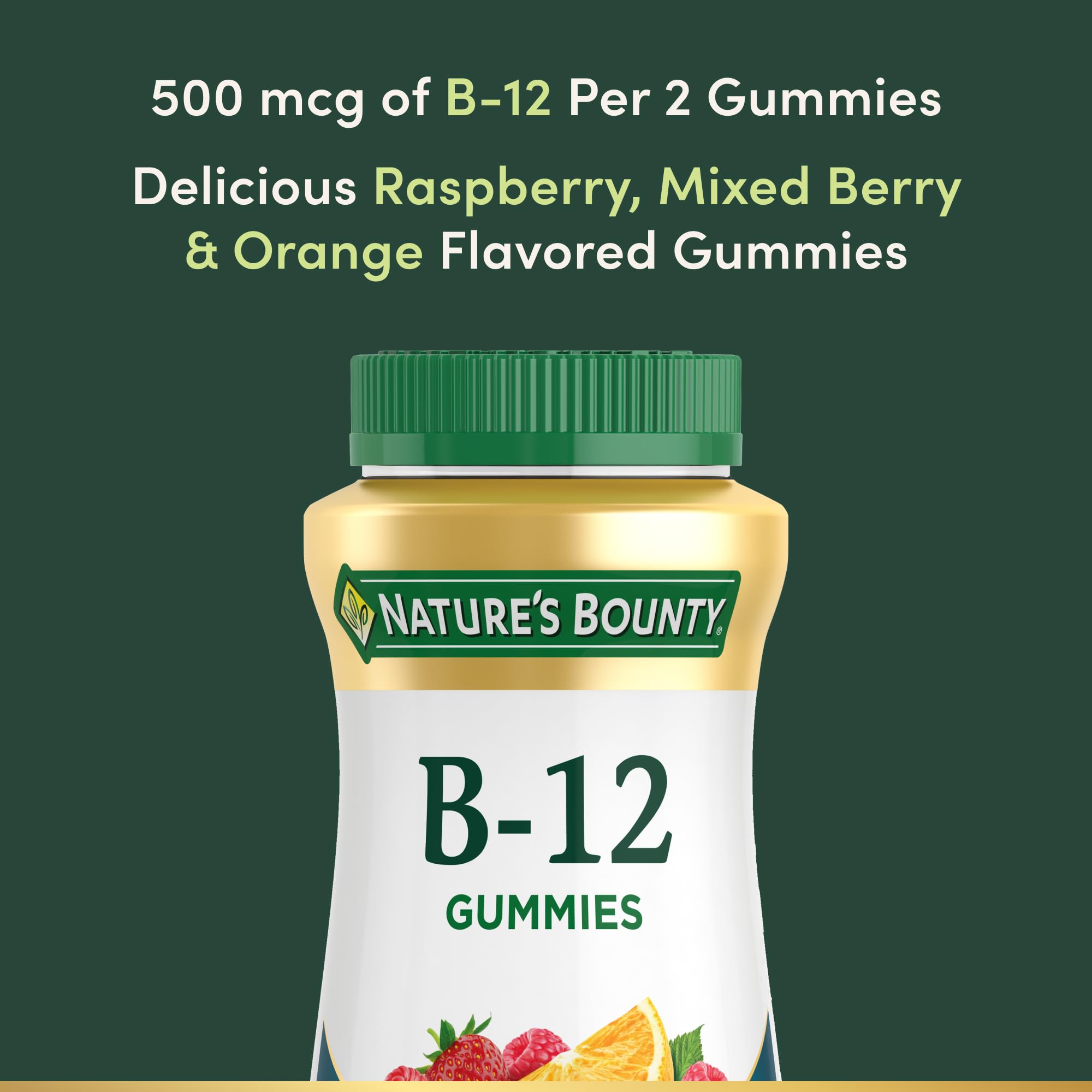 Nature's Bounty B12 Gummies label closeup, highlighting 500 mcg per serving.