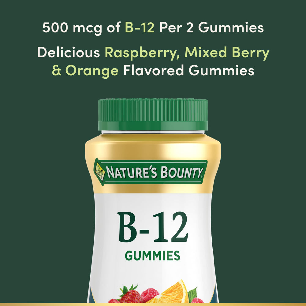 Nature's Bounty B12 Gummies label closeup, highlighting 500 mcg per serving.