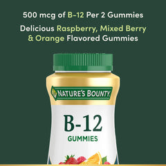 Nature's Bounty B12 Gummies label closeup, highlighting 500 mcg per serving.