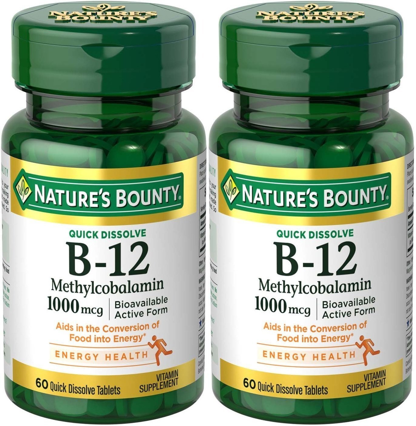 Nature's Bounty B12 microlozenge bottle pour; supports energy metabolism and nervous system wellness.