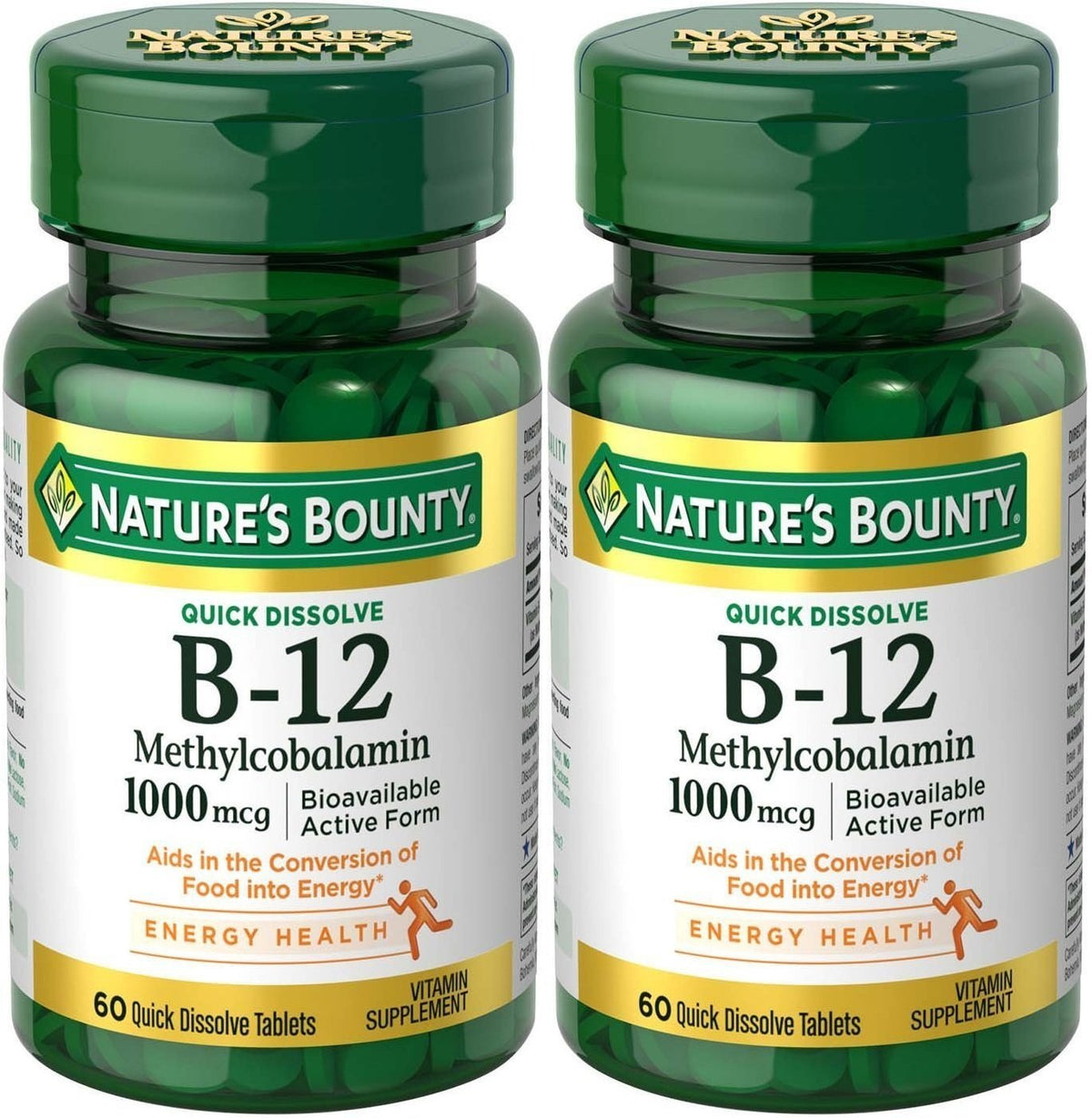 Nature's Bounty B12 microlozenge bottle pour; supports energy metabolism and nervous system wellness.