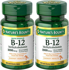 Nature's Bounty B12 microlozenge bottle pour; supports energy metabolism and nervous system wellness.