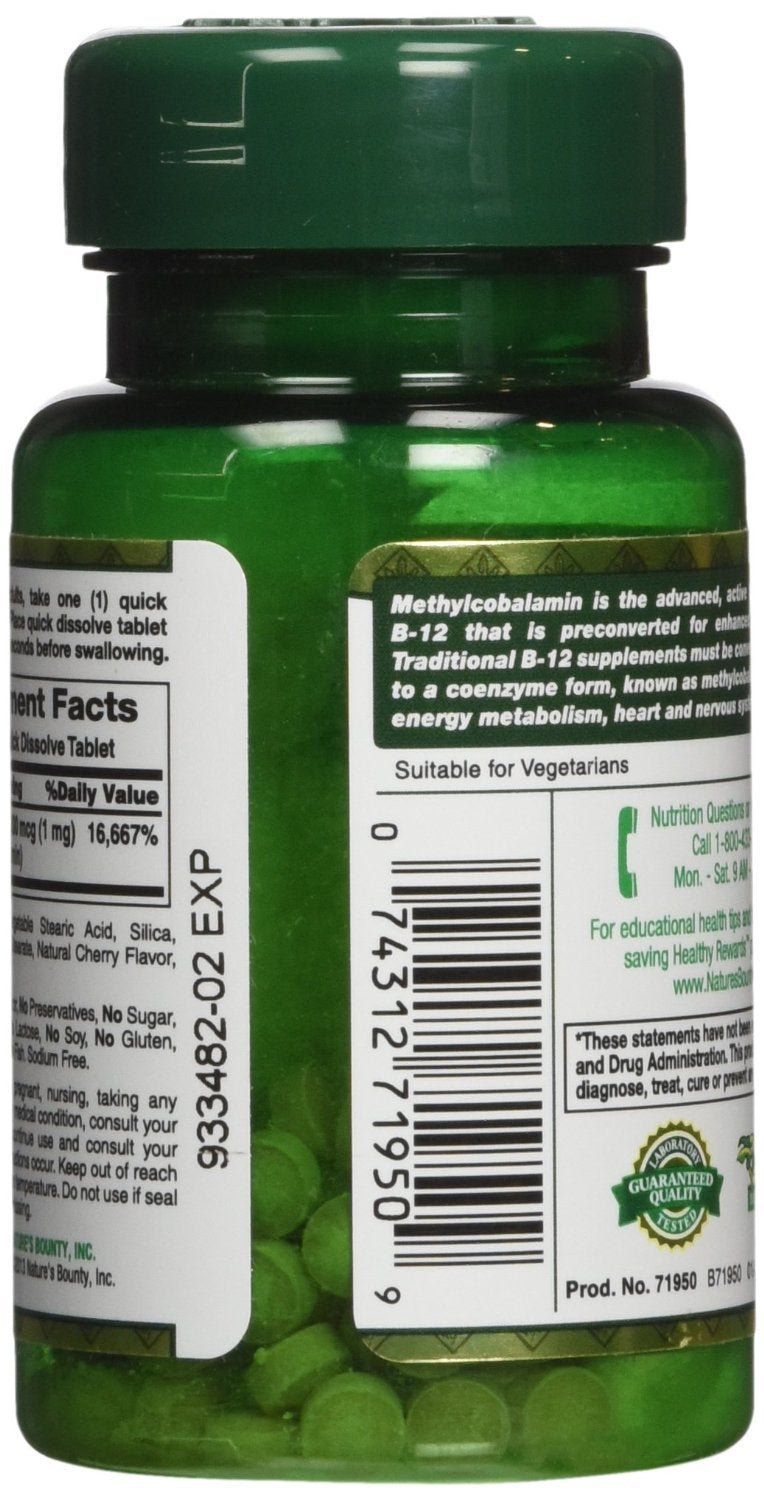 Nature's Bounty B12 microlozenge tablets close-up; convenient 1000 mcg dose in cherry flavor.
