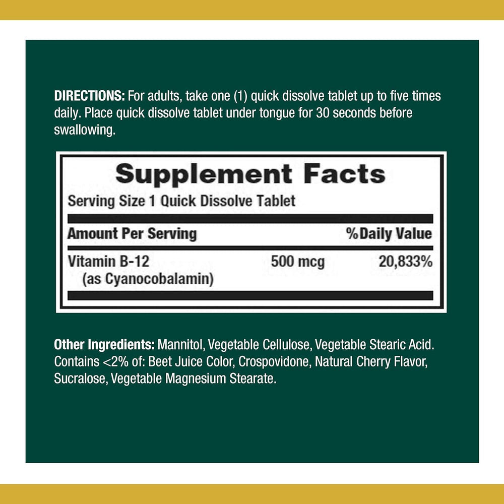 Nature's Bounty B-12 microlozenges bottle front highlights cherry flavor and dosage.