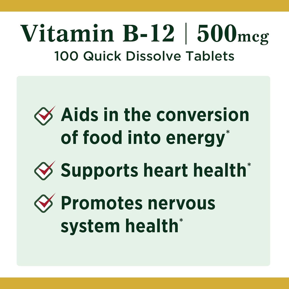 Nature's Bounty B-12 microlozenges packaging on table for easy daily use.