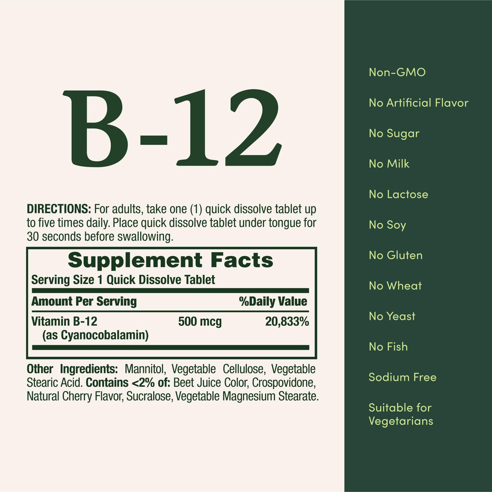 Nature's Bounty B12 packaging highlights vegetarian, non-GMO, gluten-free attributes.