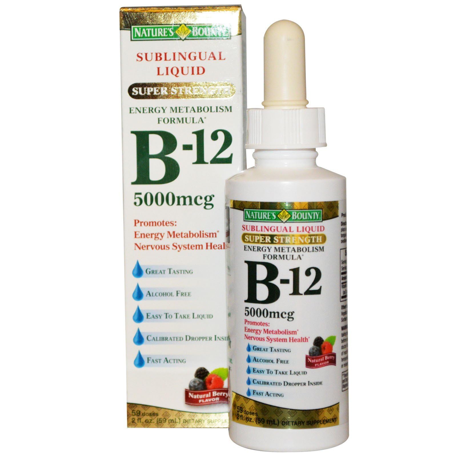 Nature's Bounty B-12 Sublingual Liquid bottle for energy support and fast absorption