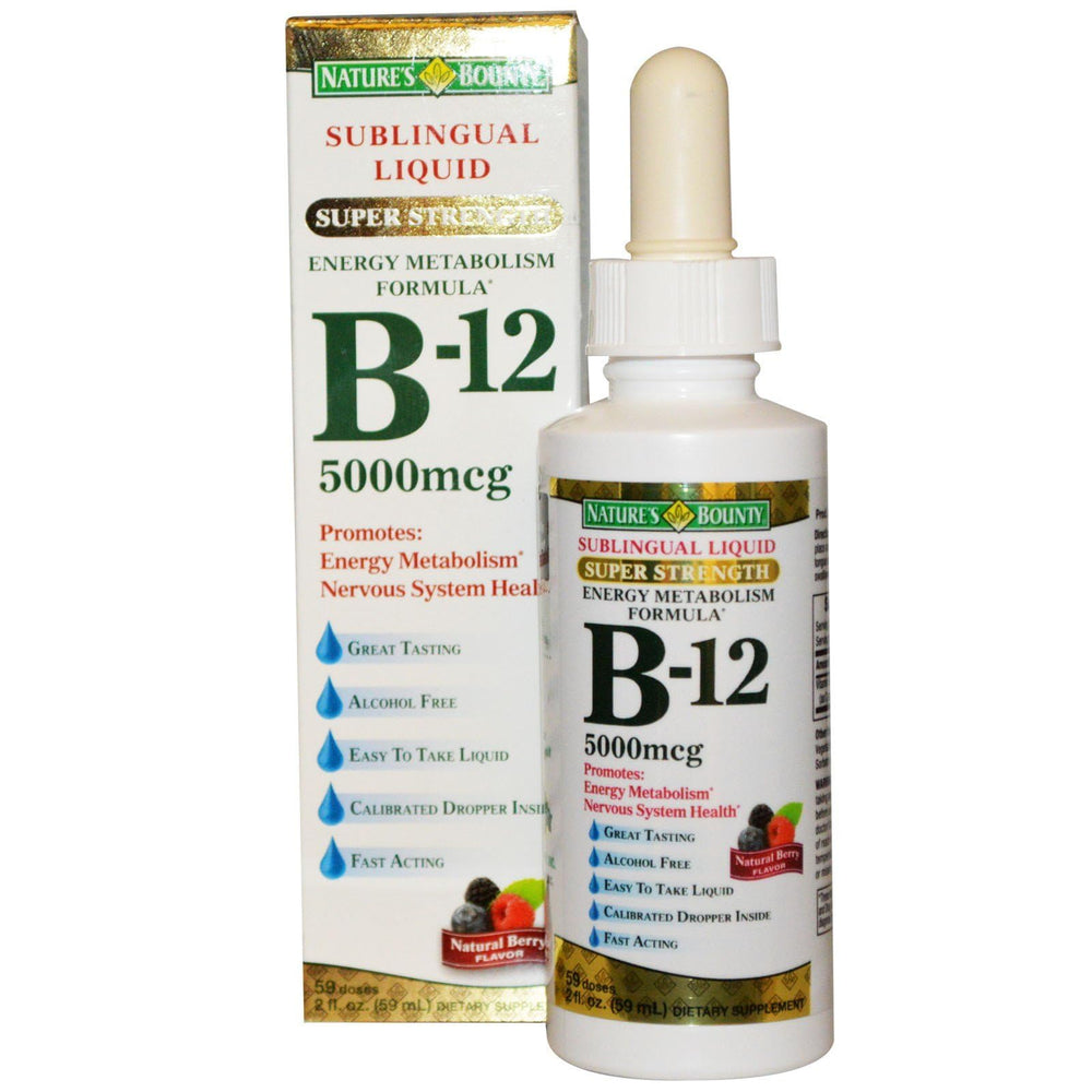 Nature's Bounty B-12 Sublingual Liquid bottle for energy support and fast absorption