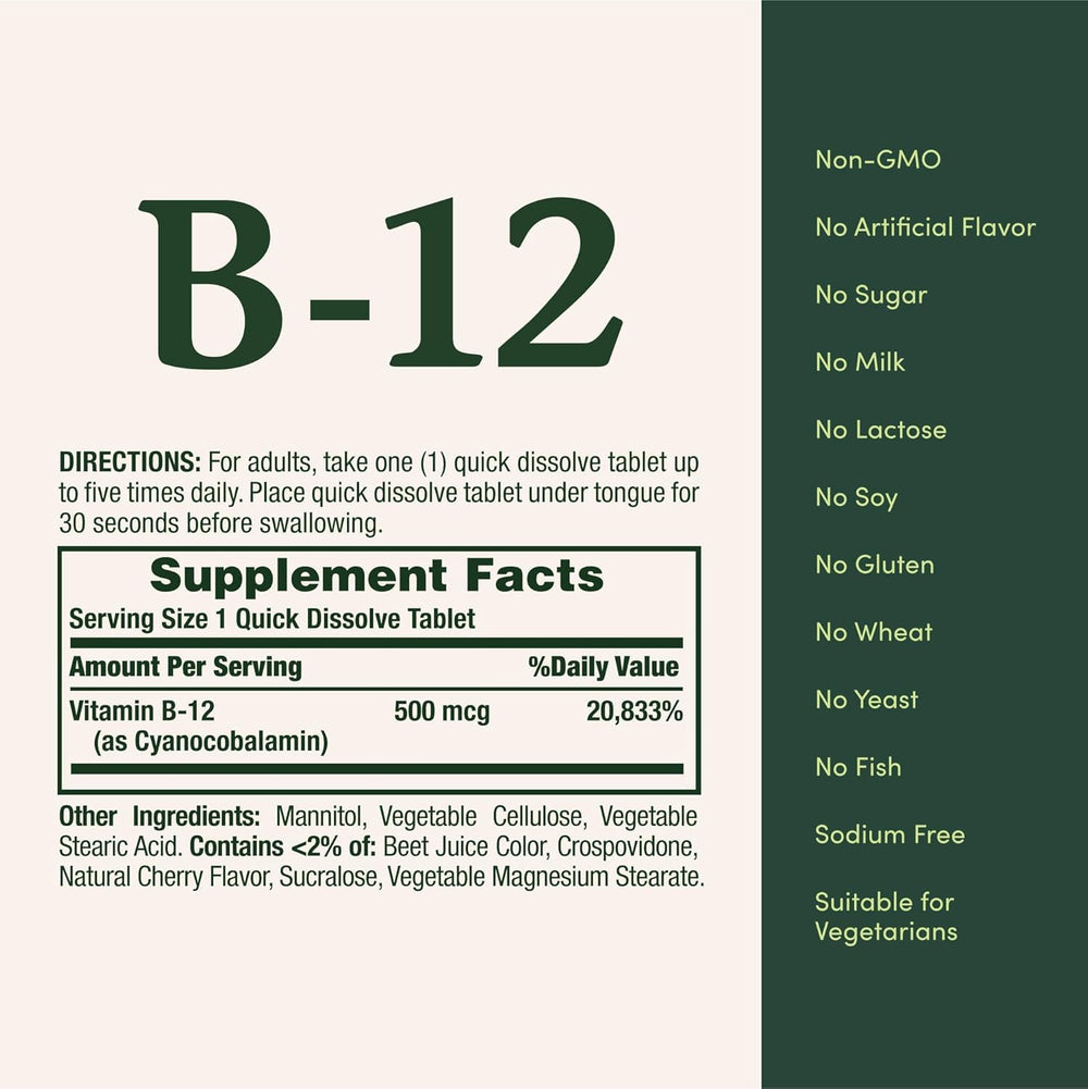 Nature's Bounty B-12 disolución rápida en la mano, consumo fácil