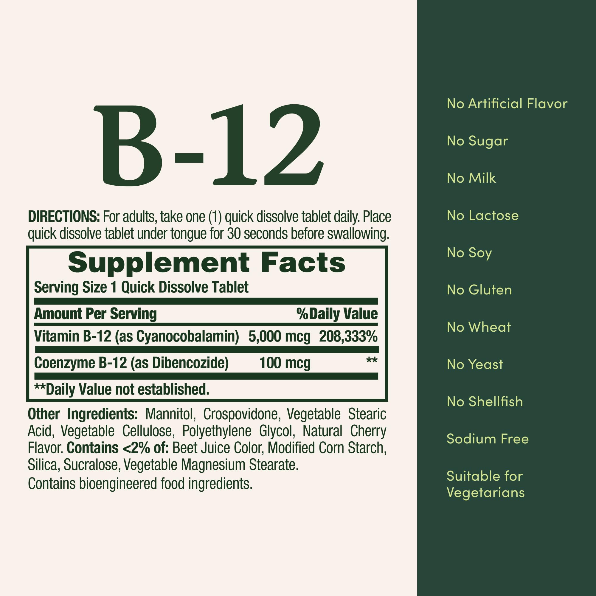 Nature's Bounty B12 vegetarian, gluten-free supplement with no artificial colors