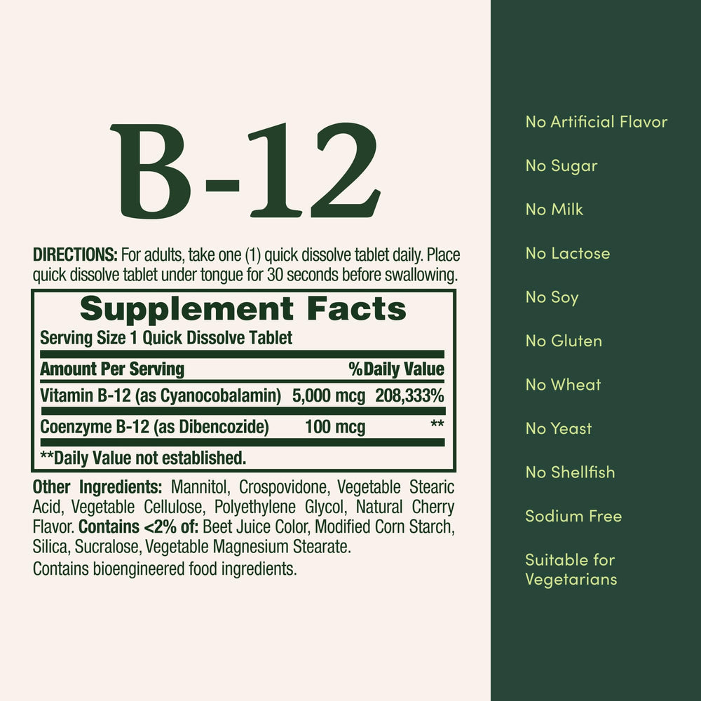 Nature's Bounty B12 vegetarian, gluten-free supplement with no artificial colors