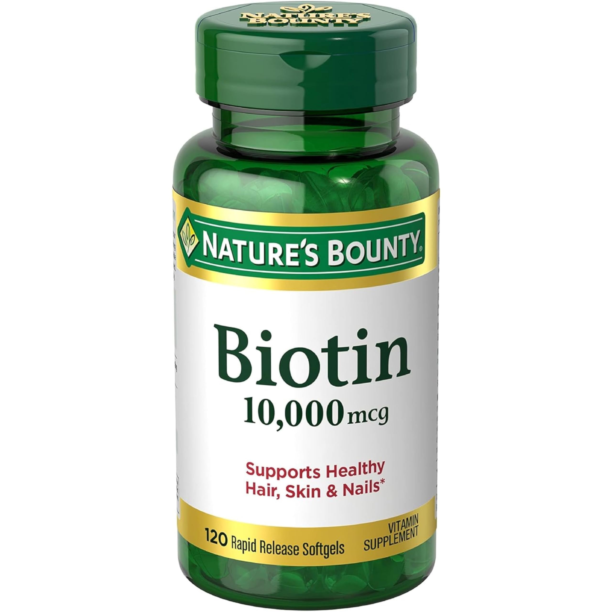 Nature's Bounty Biotin 10000 mcg Ultra Strength bottle on a clean surface, ready to add to your routine.