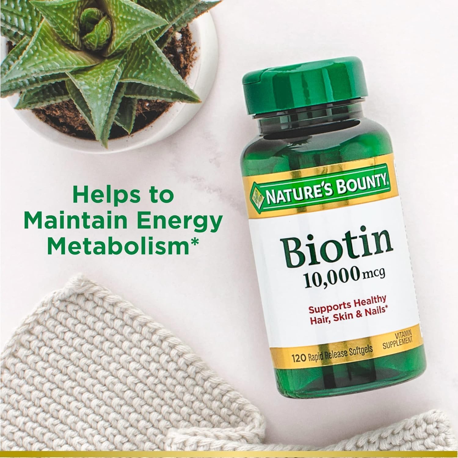 Nature's Bounty Biotin label shot emphasizes trusted quality and daily biotin for hair skin nails.