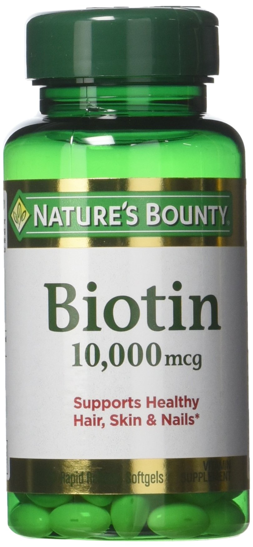 Nature's Bounty Biotin 10000mcg rapid-release softgel bottle for daily use.