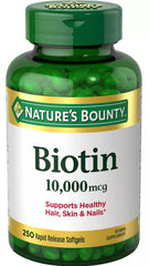 Nature's Bounty Biotin 10,000 mcg rapid-release softgel bottle supports hair, skin, nails.