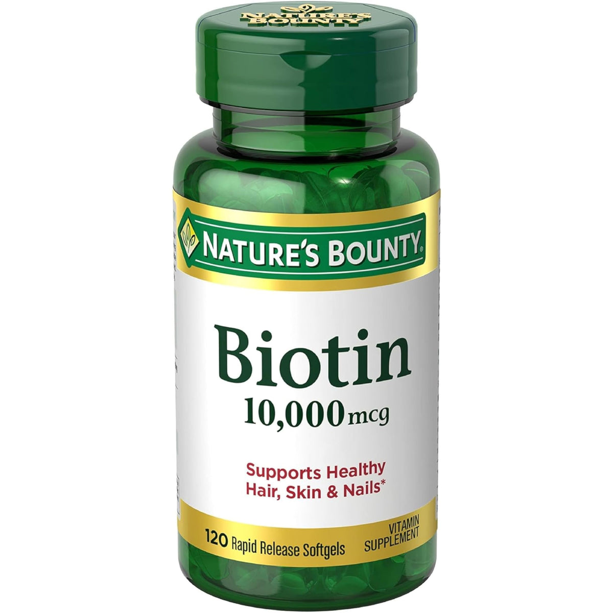 Nature's Bounty Biotin 10,000 mcg softgels bottle front highlighting potency and quick-release action