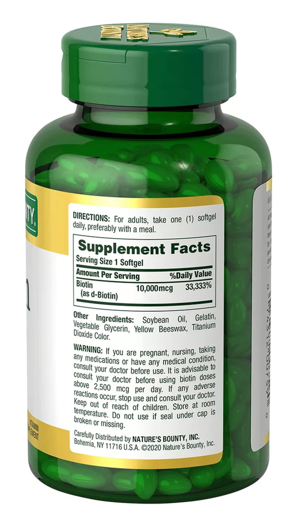Nature's Bounty Biotin softgel close-up for daily hair and nails support.