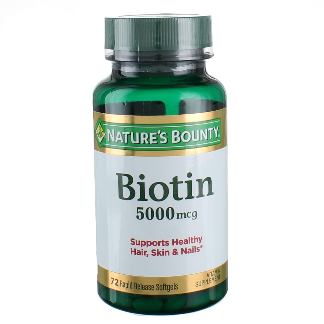 Nature's Bounty Biotin 5000 mcg bottle close-up, three-pack for daily support.
