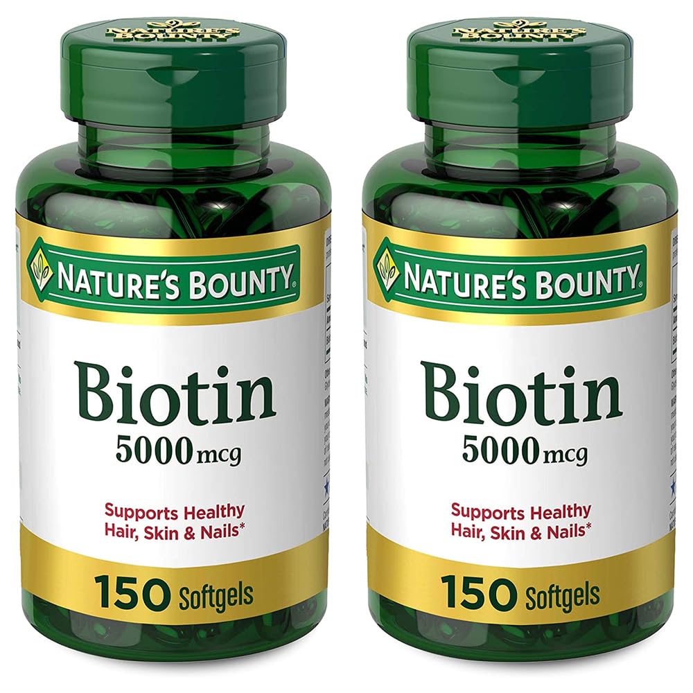 Nature's Bounty Biotin 5000 mcg softgels bottle front view, high-potency daily supplement