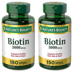 Nature's Bounty Biotin 5000 mcg softgels bottle front view, high-potency daily supplement