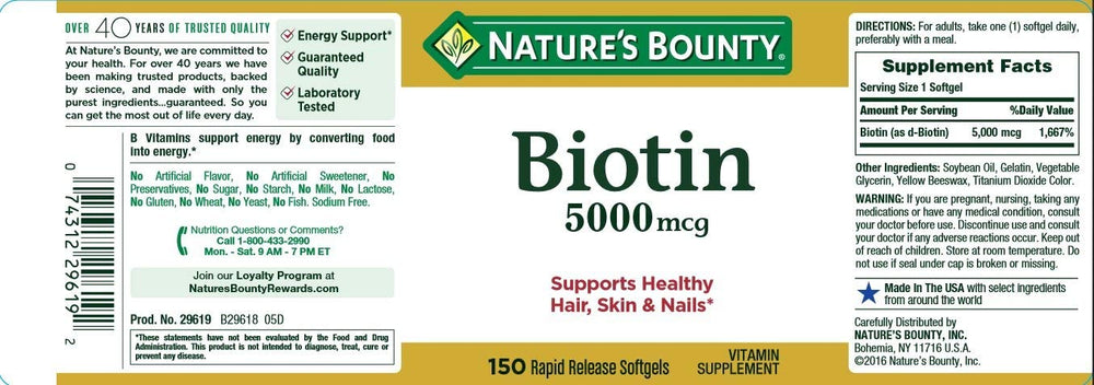 Nature's Bounty Biotin 5000mcg softgels close-up showing capsule texture and daily hair health support