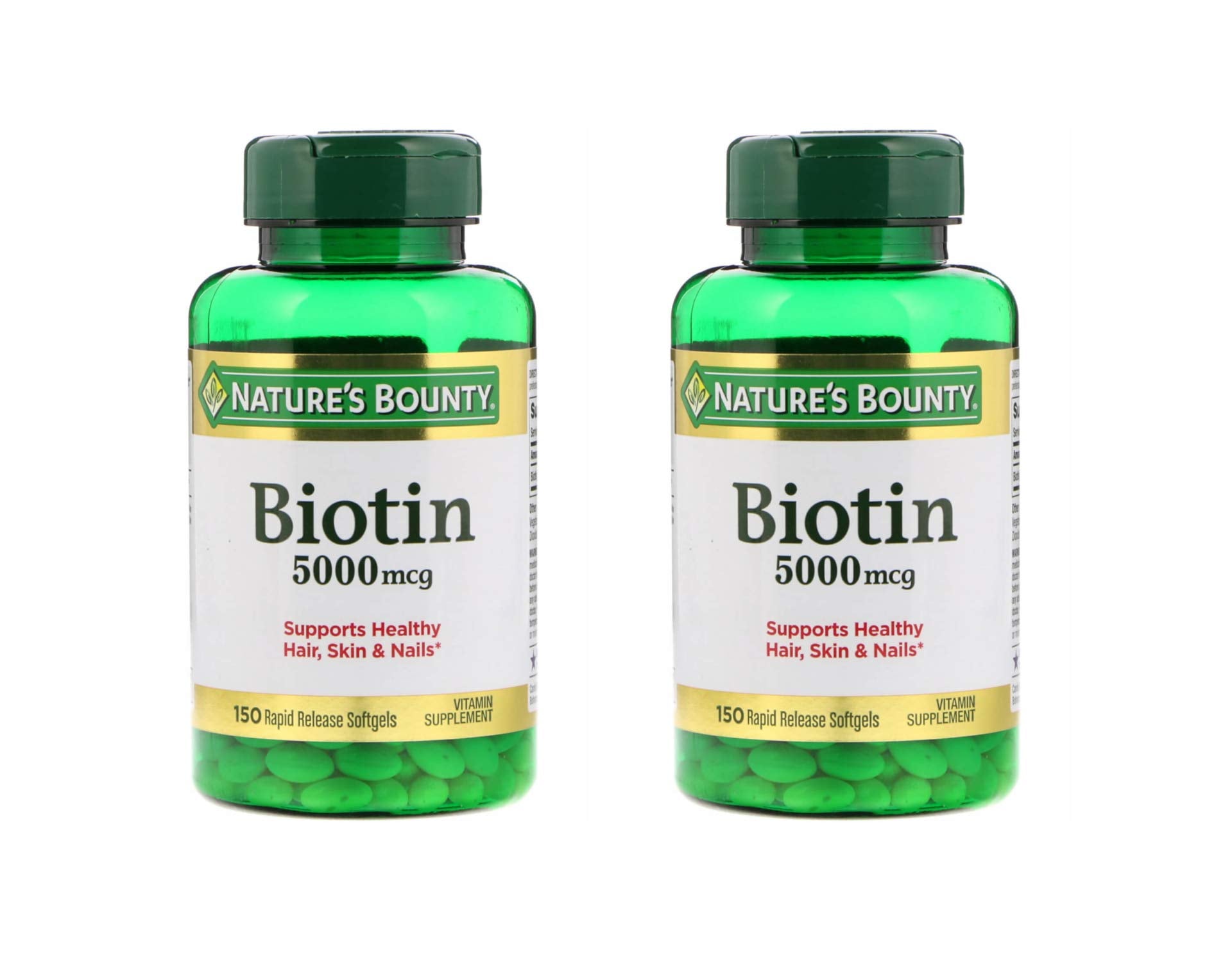 Nature's Bounty Biotin 5000mcg softgels front view highlighting potency for daily energy metabolism