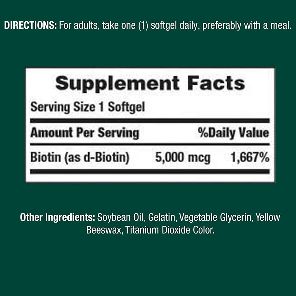 Close-up of Nature's Bounty Biotin label showing 5000 mcg potency