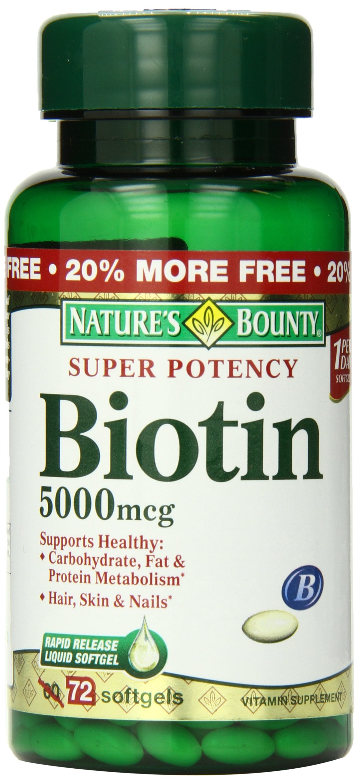 Nature's Bounty Biotin 5000 mcg softgels on white background, supports energy metabolism.