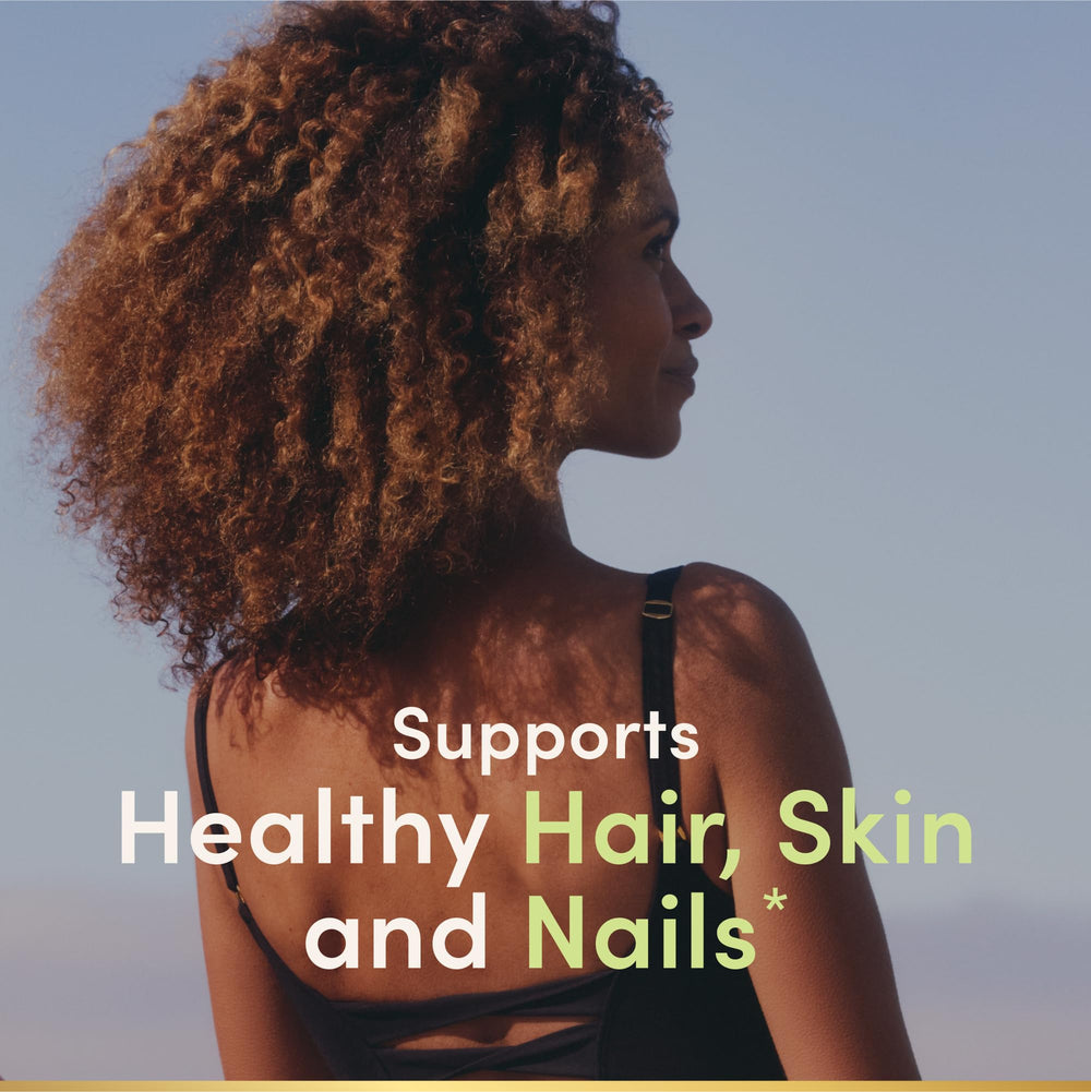 Nature's Bounty Biotin bottle front view for convenient daily energy and beauty support.