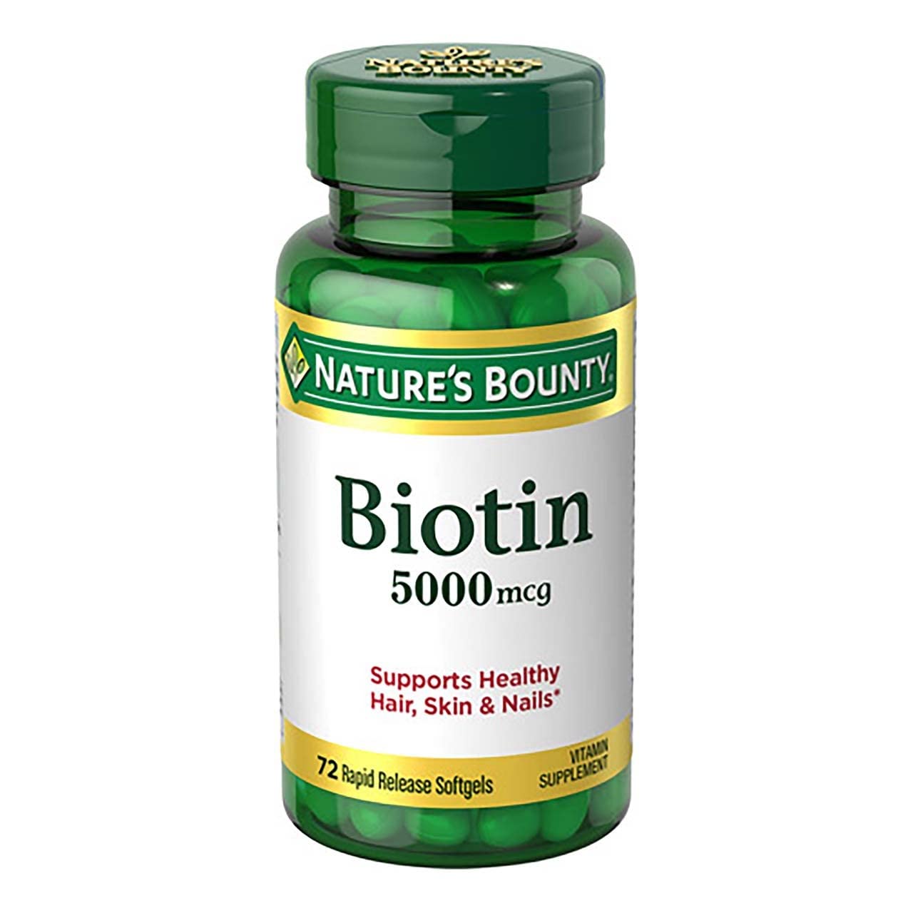 Nature's Bounty Biotin bottle with nutrition facts for metabolism support.