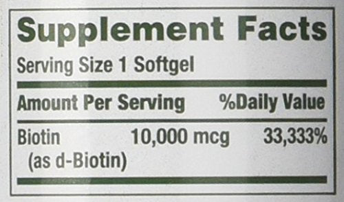 Close-up of Nature's Bounty Biotin label showing potency and details.