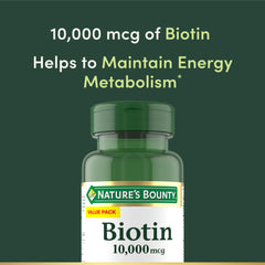 Nature's Bounty Biotin bottle front label highlights 10,000 mcg potency.