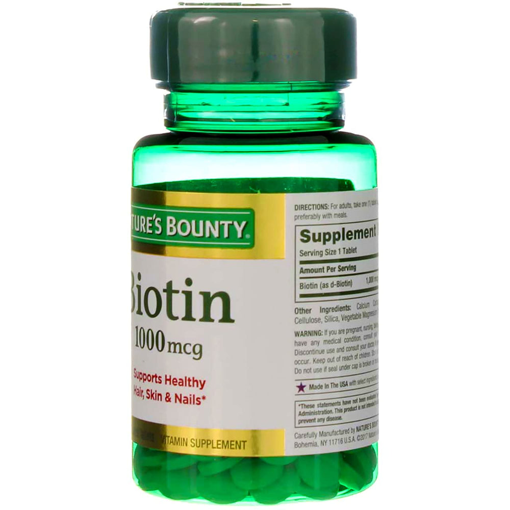 Nature's Bounty Biotin label nutrition facts detail potency.