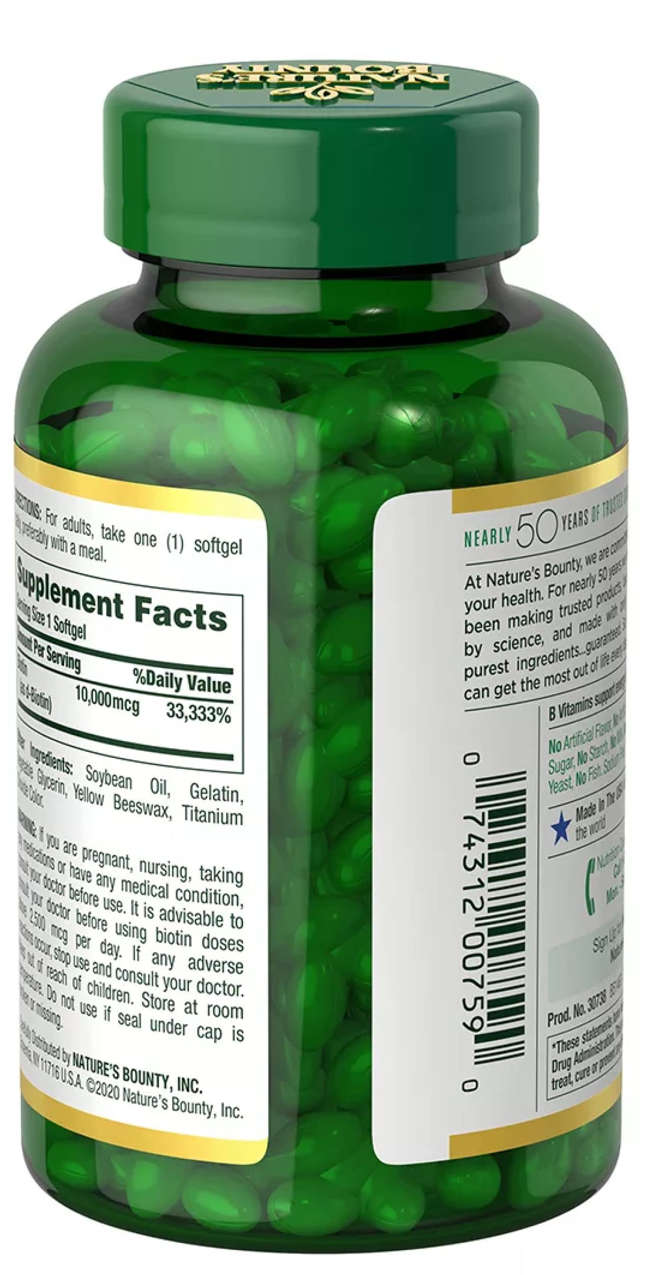 Nature's Bounty Biotin packaging with softgels for easy daily use.