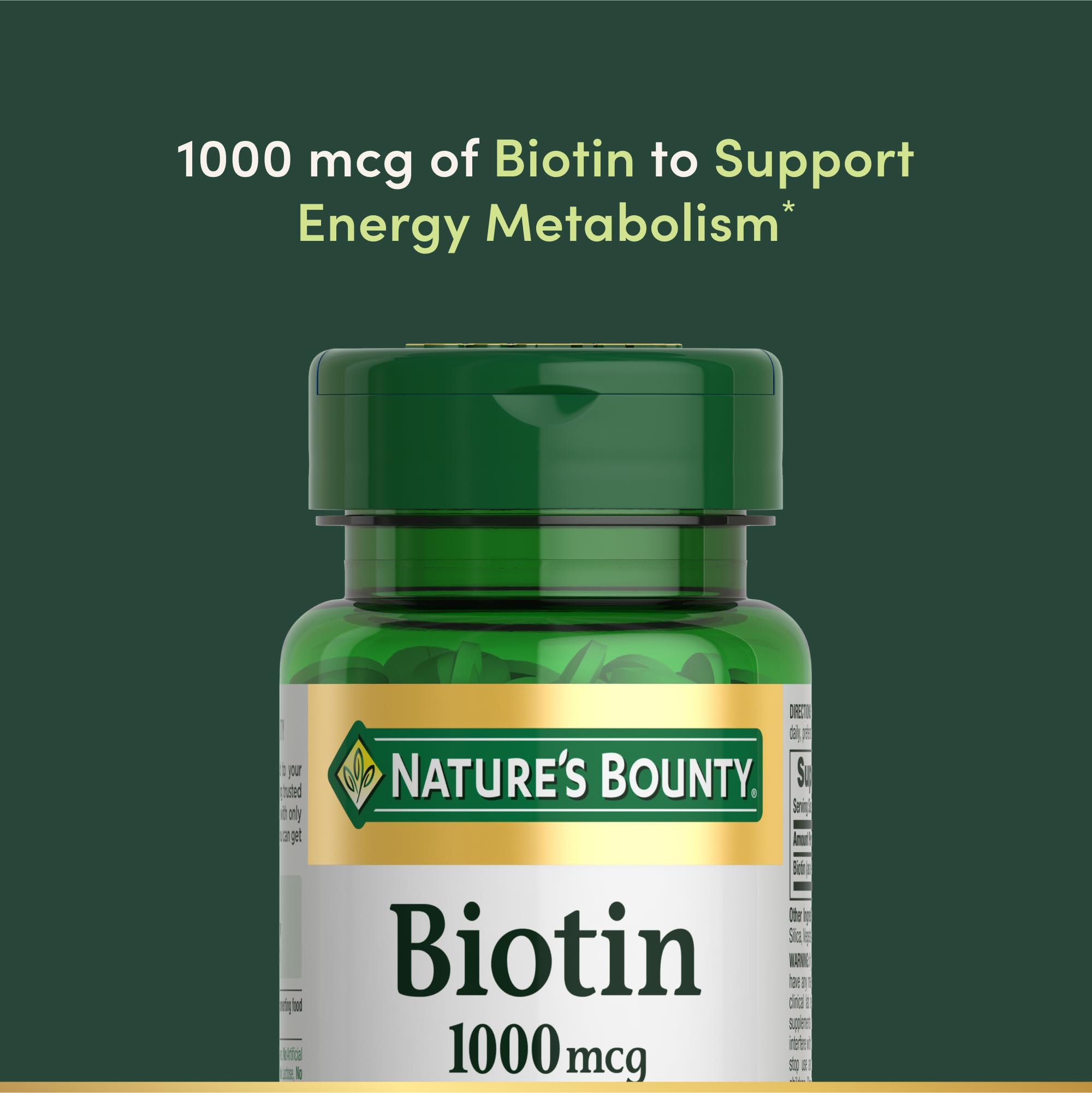 Nature's Bounty Biotin 1000 mcg packaging variation, everyday wellness caption.
