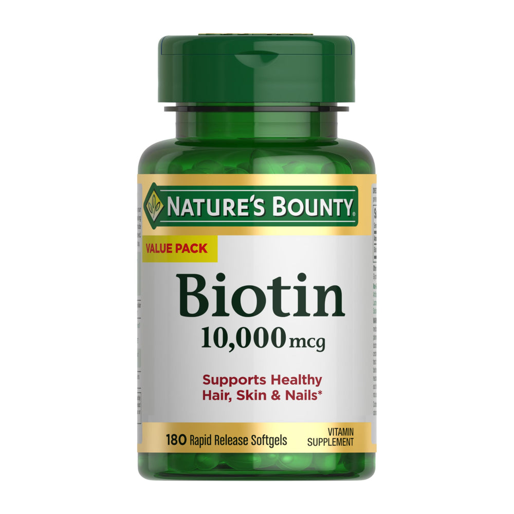 Nature's Bounty Biotin rapid-release softgel bottle supports healthy hair.