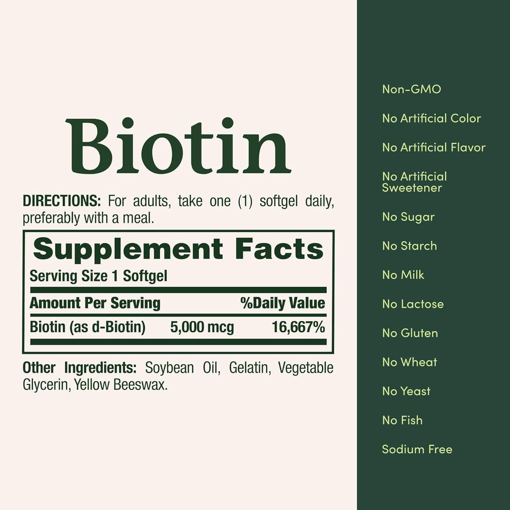 Nature's Bounty Biotina 5000mcg, paquete doble para uso continuo.